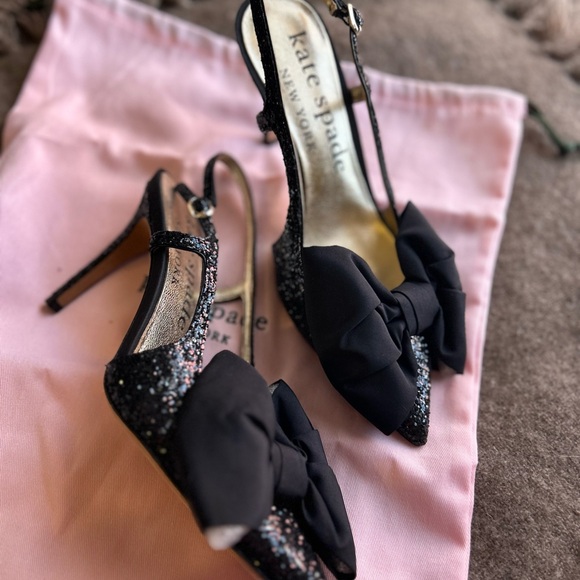 Kate Spade Glitter Black Bow Heels 7 - Picture 2 of 10